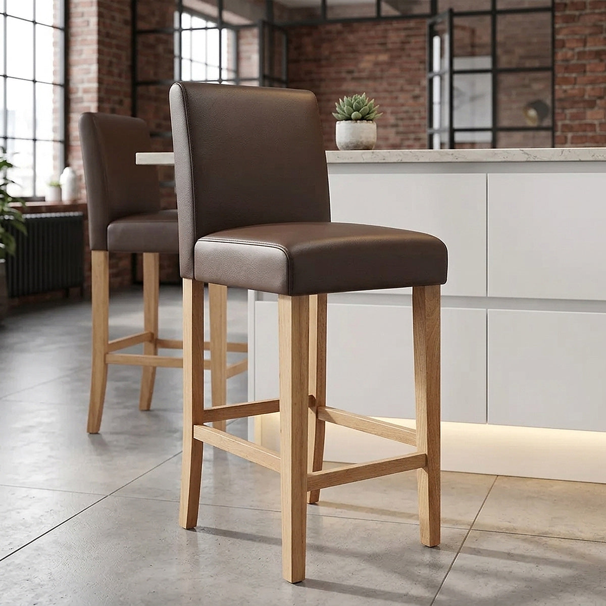 Tabouret de Bar Bois Cuir Croûté - Tetbury Marron 
