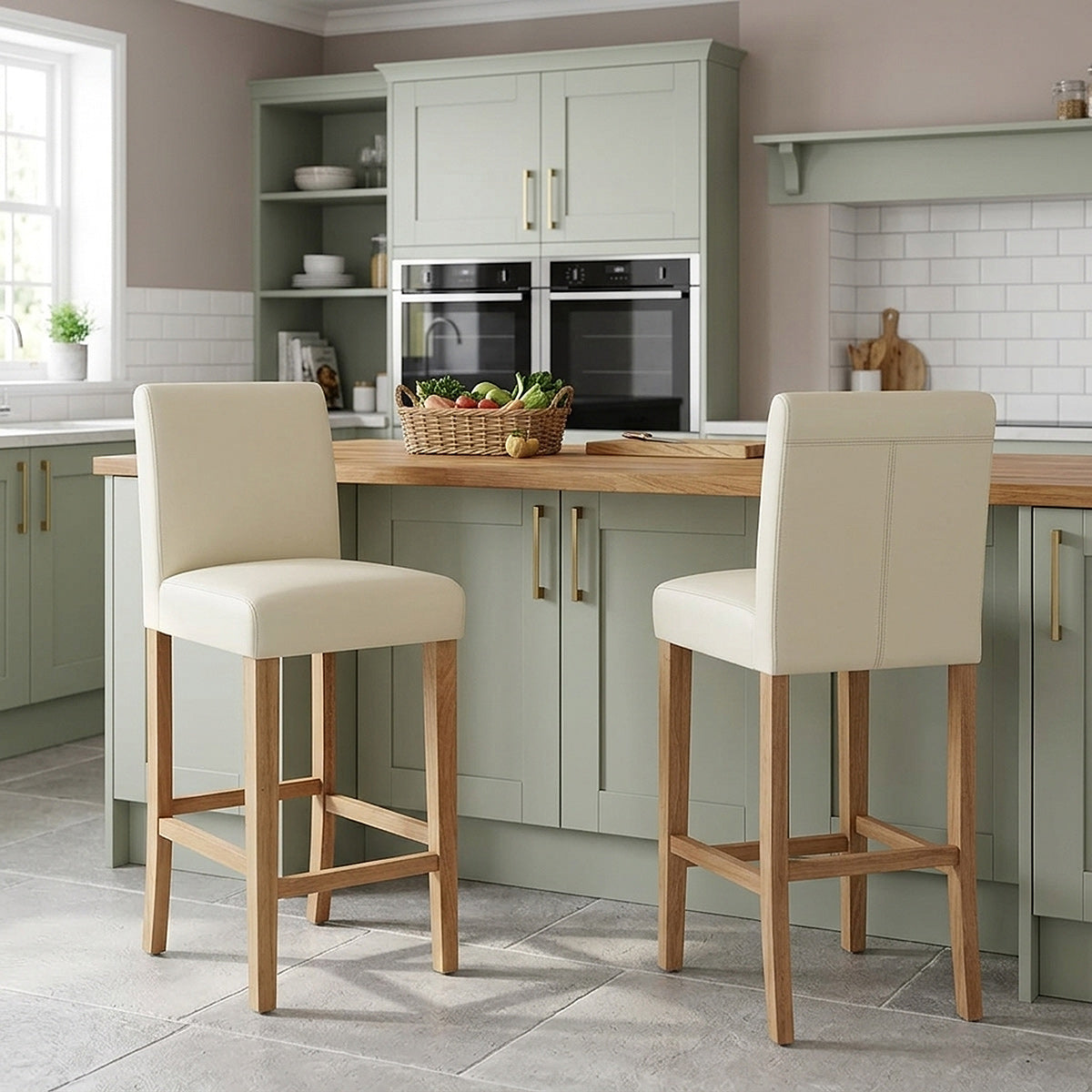 Tabouret de Bar Bois Cuir Croûté - Tetbury Crème 