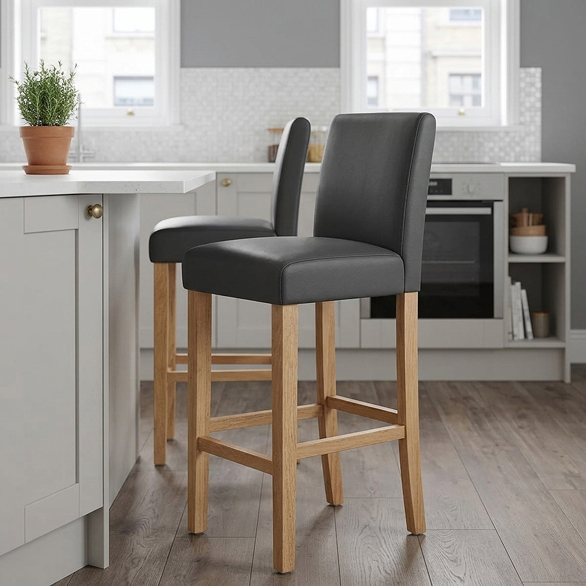 Tabouret de Bar Bois Cuir Croûté - Tetbury Gris 