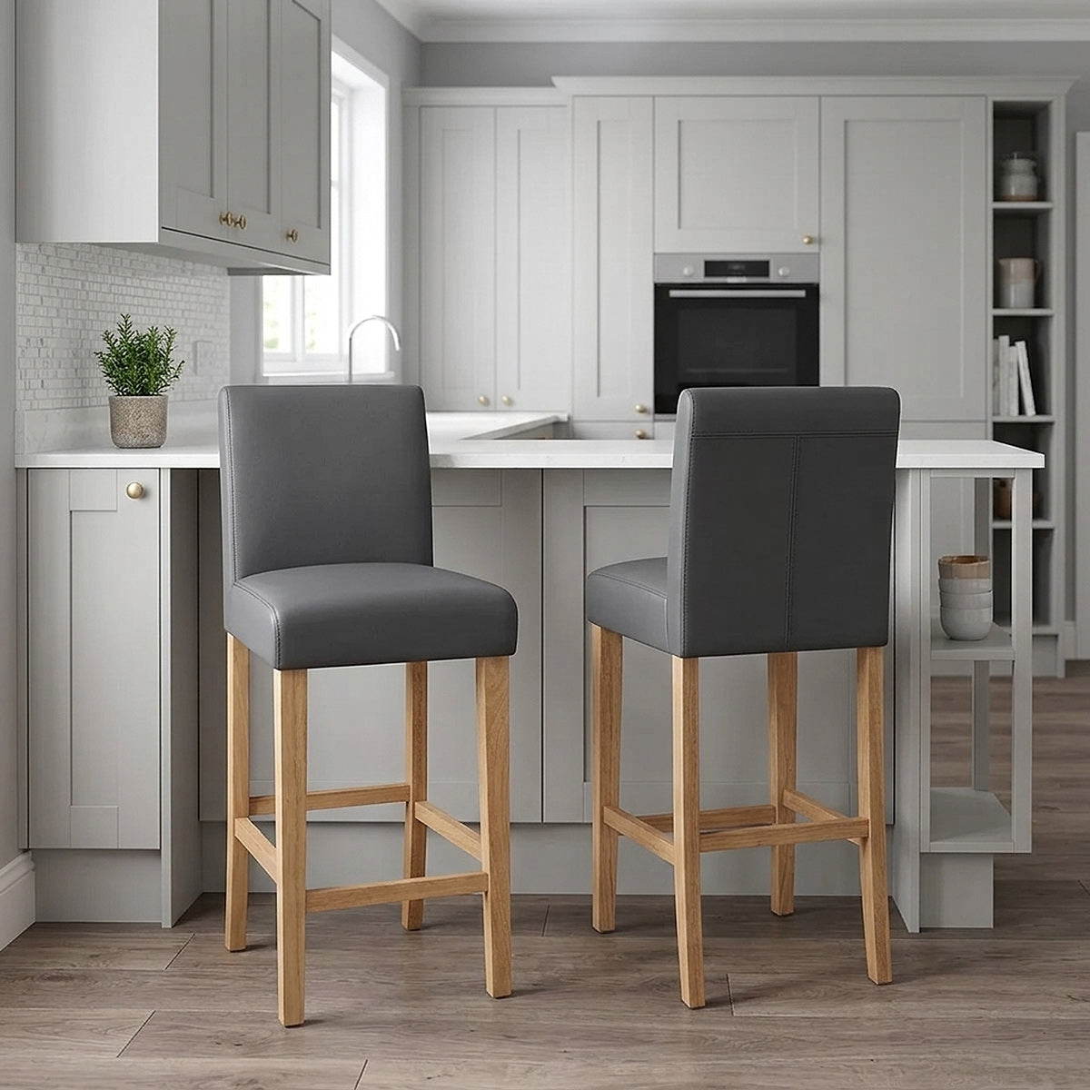 Tabouret de Bar Bois Cuir Croûté - Tetbury Gris 