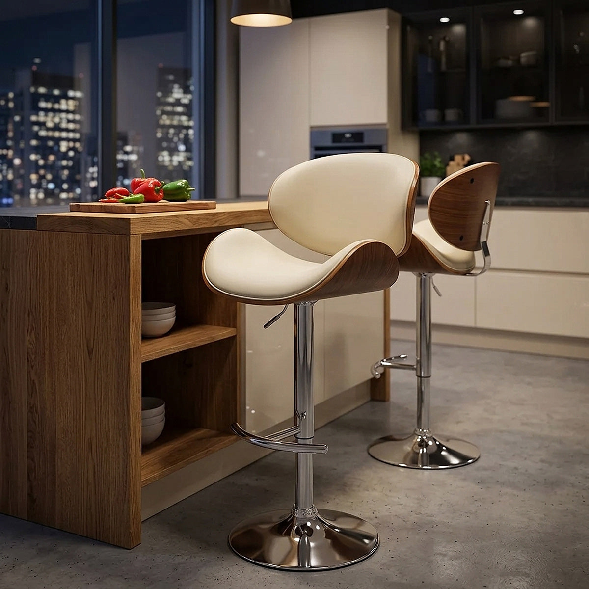 Chaise de bar Faux Cuir Bois - Théo Crème 