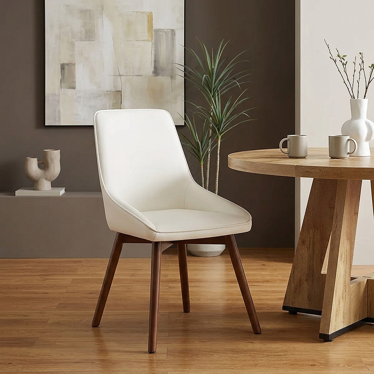 Chaise Cuir Veritable Bois - Vito Crème