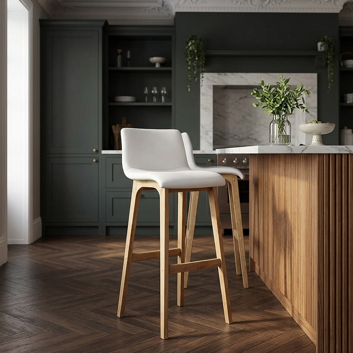 Tabouret de Bar Faux Cuir Bois - Wave Blanc 