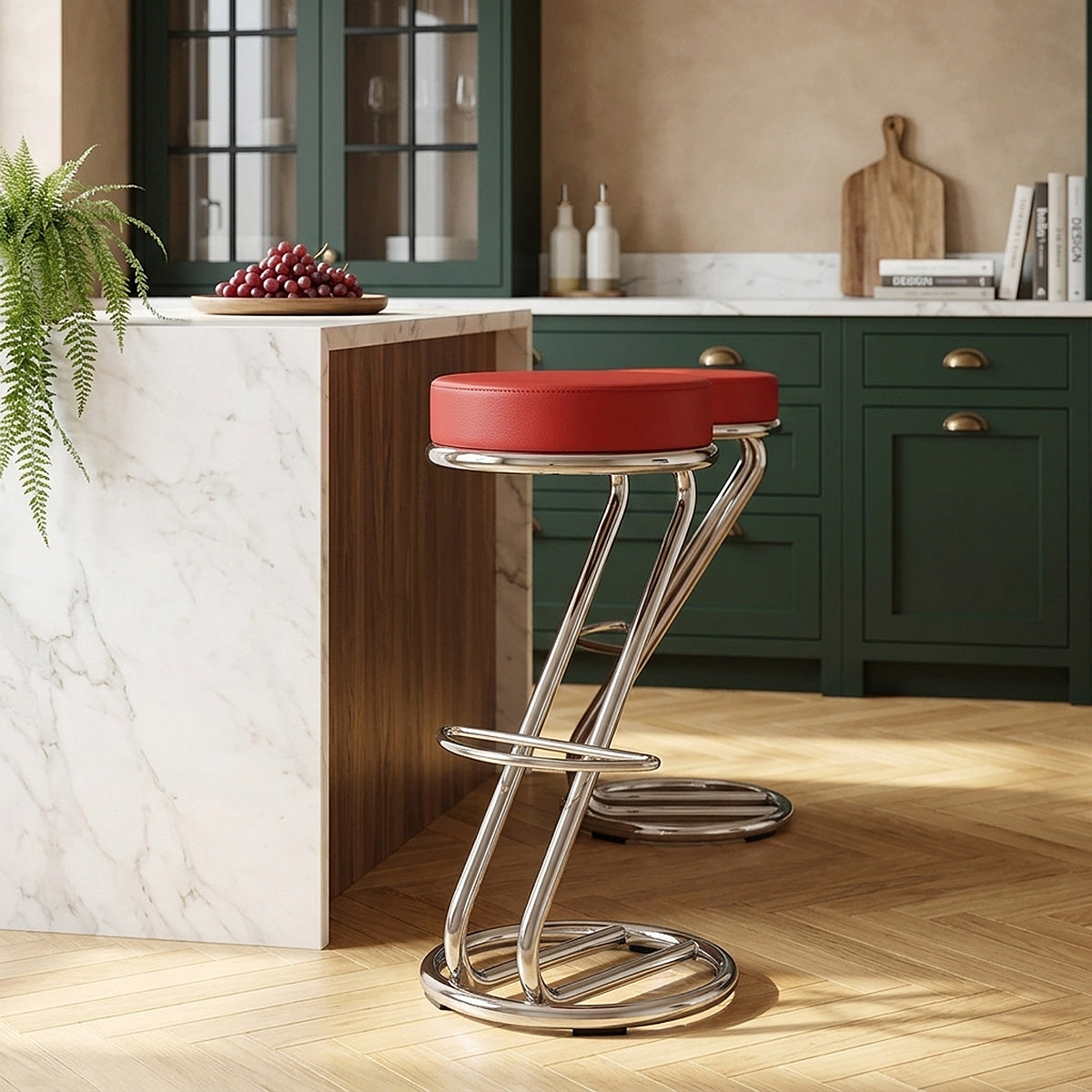 Tabouret Faux Cuir Chrome - Zaza Rouge 